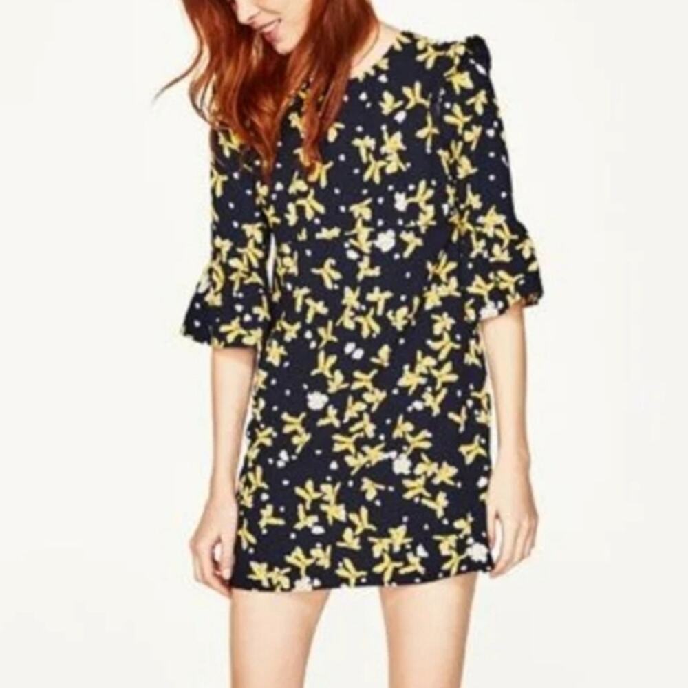 Zara Floral Ruffled Bell Sleeves Mini Dress Key Hole Button Back M Black Yellow